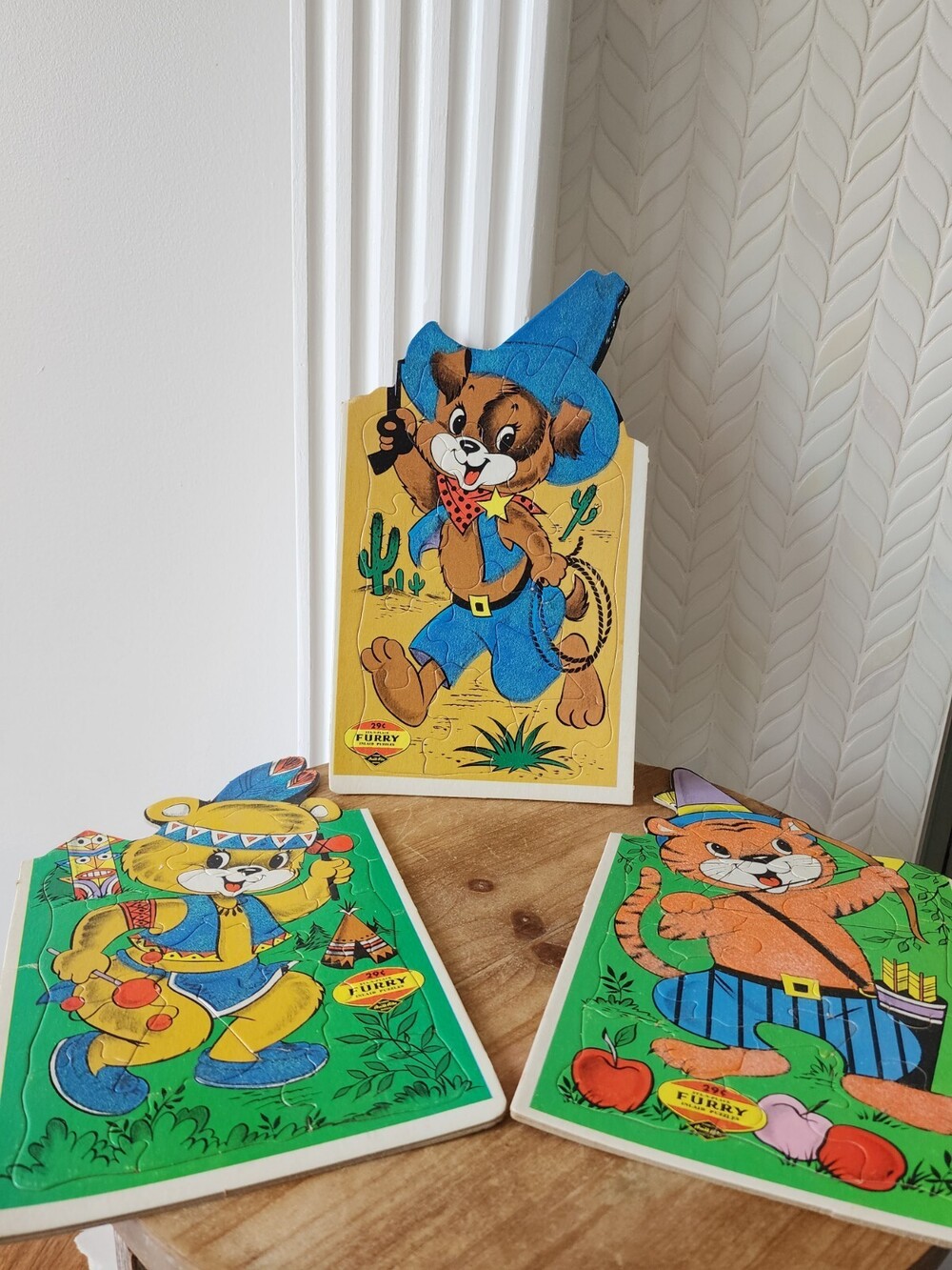 Vintage Set of 3 Warren Built-Rite Puzzles Sta-N-Place Furry Inlaid Tray Puzzles